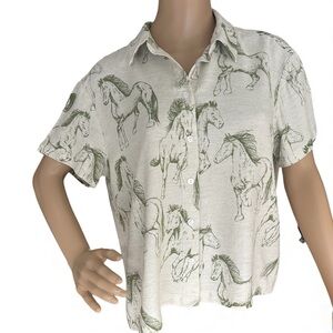 Jane + Delancey Horse Print Linen Blend Button Shirt Size M Equestrian Top